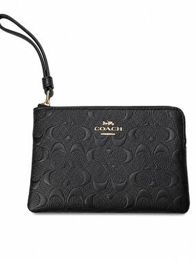 Coach Signature Black Leather Corner Zip Wristlet
